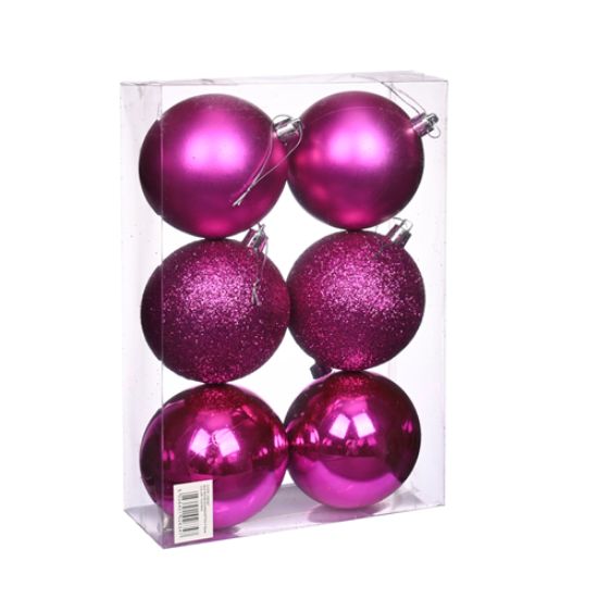 8cm CHRISTMAS BAUBLES ASSORTED FUCHSIA X 6pcs