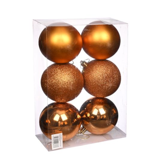 8cm CHRISTMAS BAUBLES ASSORTED COPPER X 6pcs